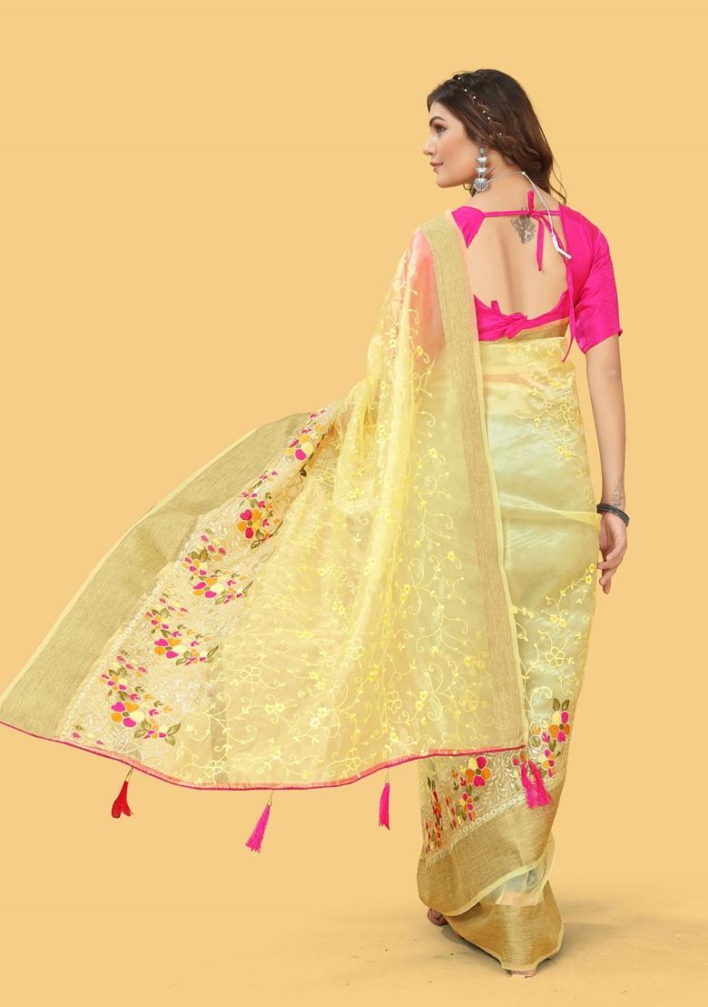 Yellow Embroidered Organza Saree Set