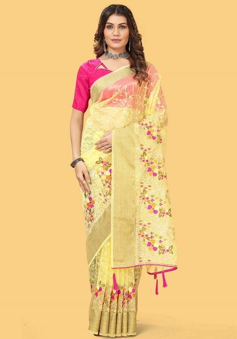 Yellow Embroidered Organza Saree Set