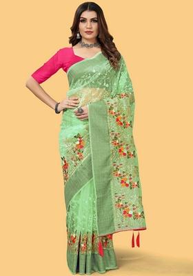 Green Embroidered Organza Saree Set