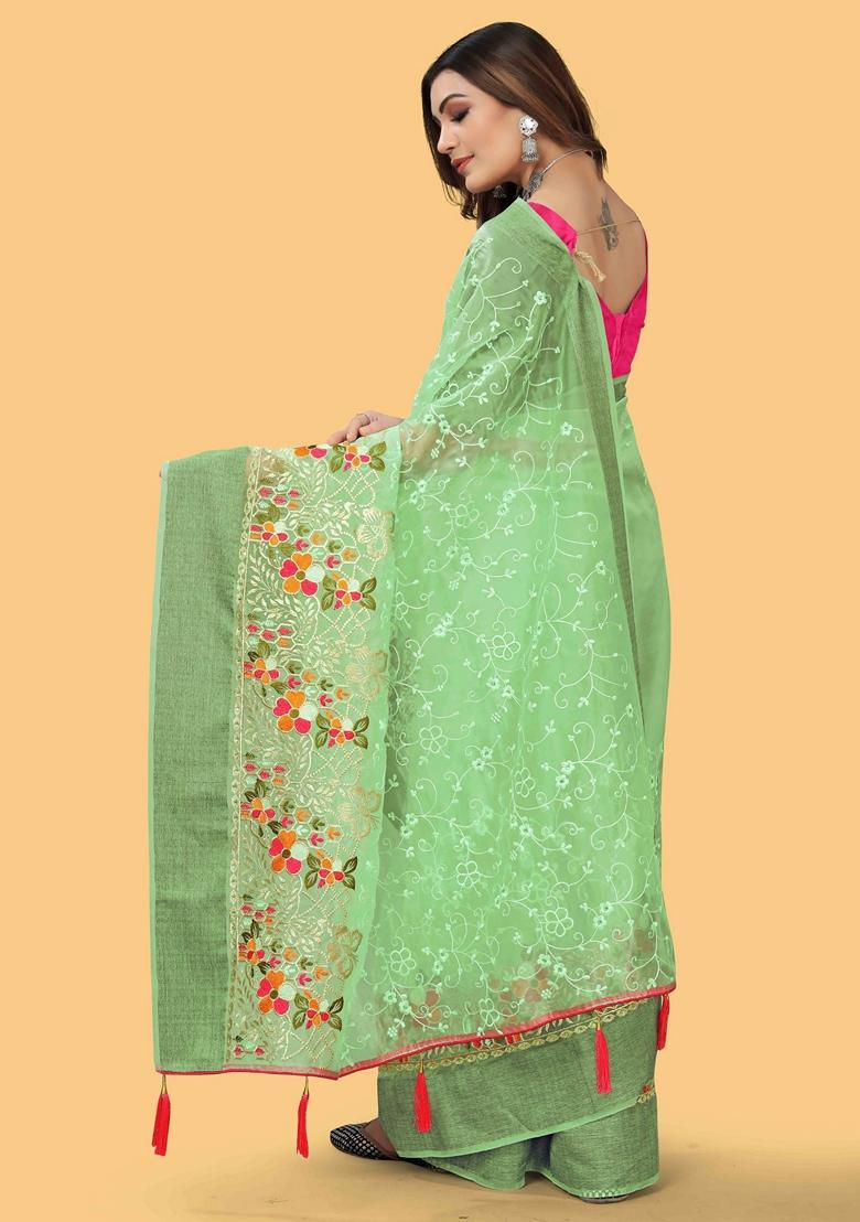 Green Embroidered Organza Saree Set