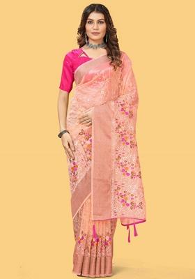 Orange Embroidered Organza Saree Set