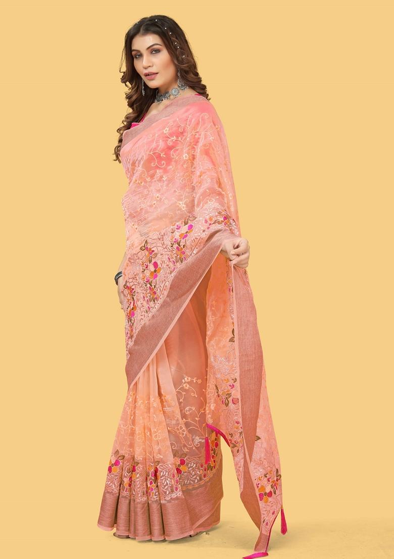 Orange Embroidered Organza Saree Set