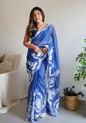 Blue Embroidered Organza Saree Set