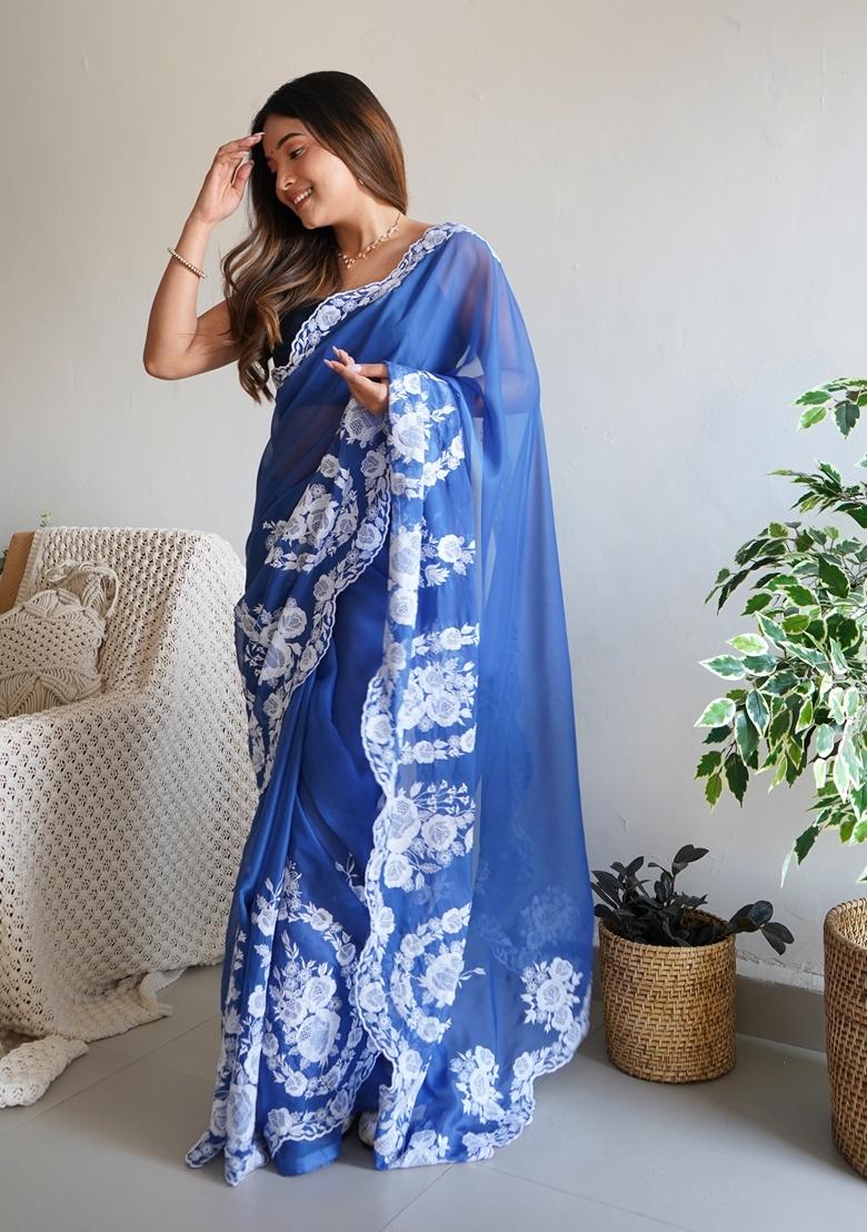 Blue Embroidered Organza Saree Set