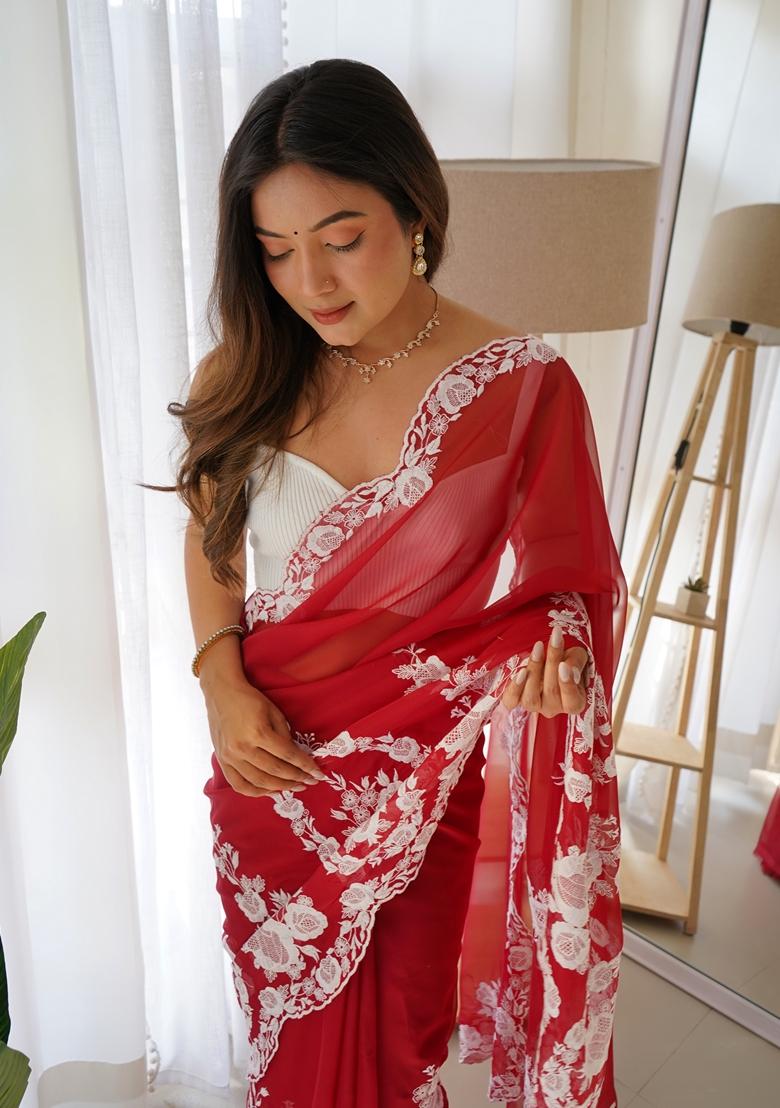Red Embroidered Organza Saree Set