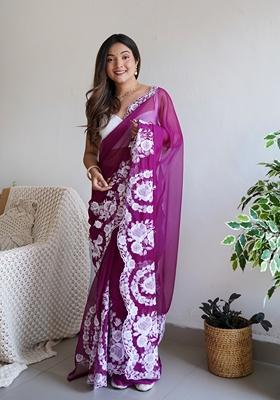 Purple Embroidered Organza Saree Set