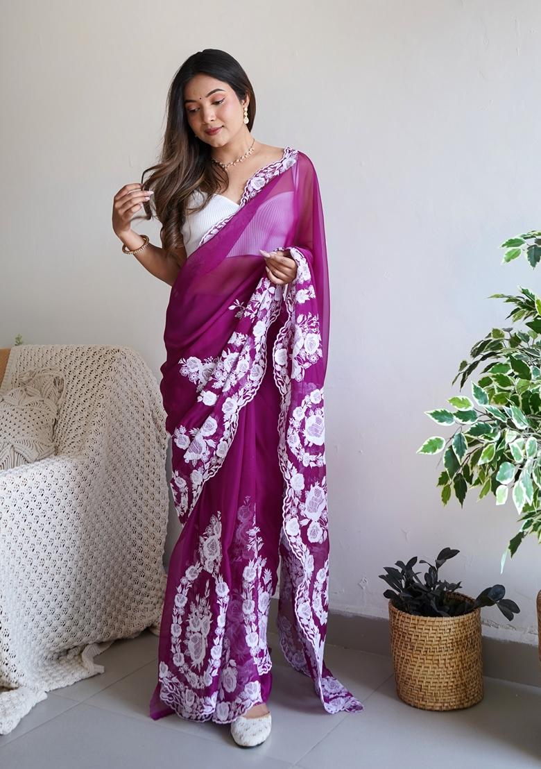 Purple Embroidered Organza Saree Set