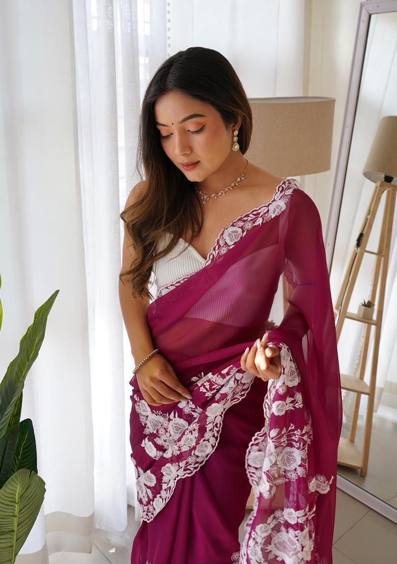 Purple Embroidered Organza Saree Set