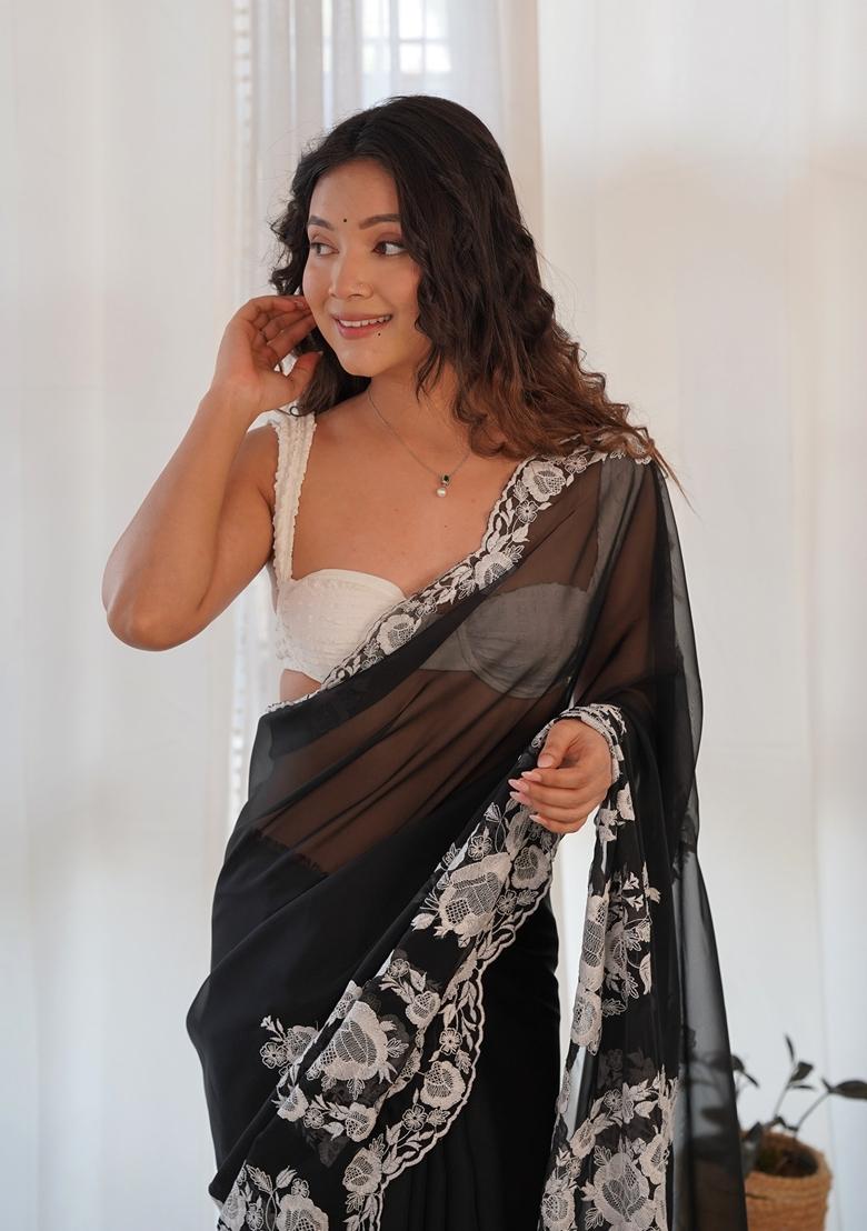 Black Embroidered Organza Saree Set