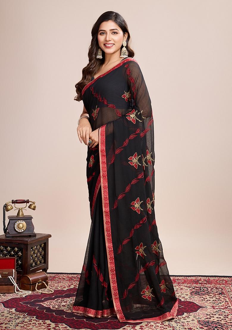 Black Embroidered Georgette Saree Set