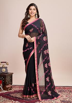 Black Embroidered Georgette Saree Set