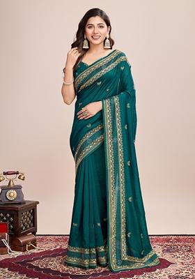 Green Embroidered Silk Saree Set