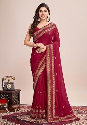 Red Embroidered Silk Saree Set