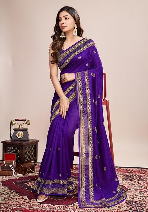 Wine Embroidered Silk Saree Set