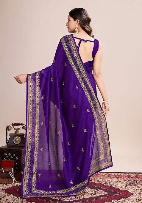 Wine Embroidered Silk Saree Set