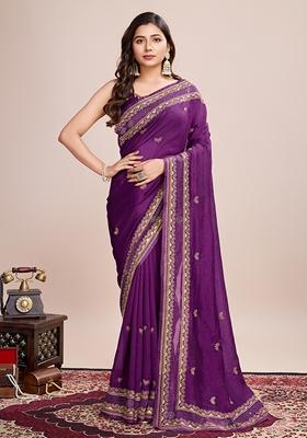 Violet Embroidered Silk Saree Set