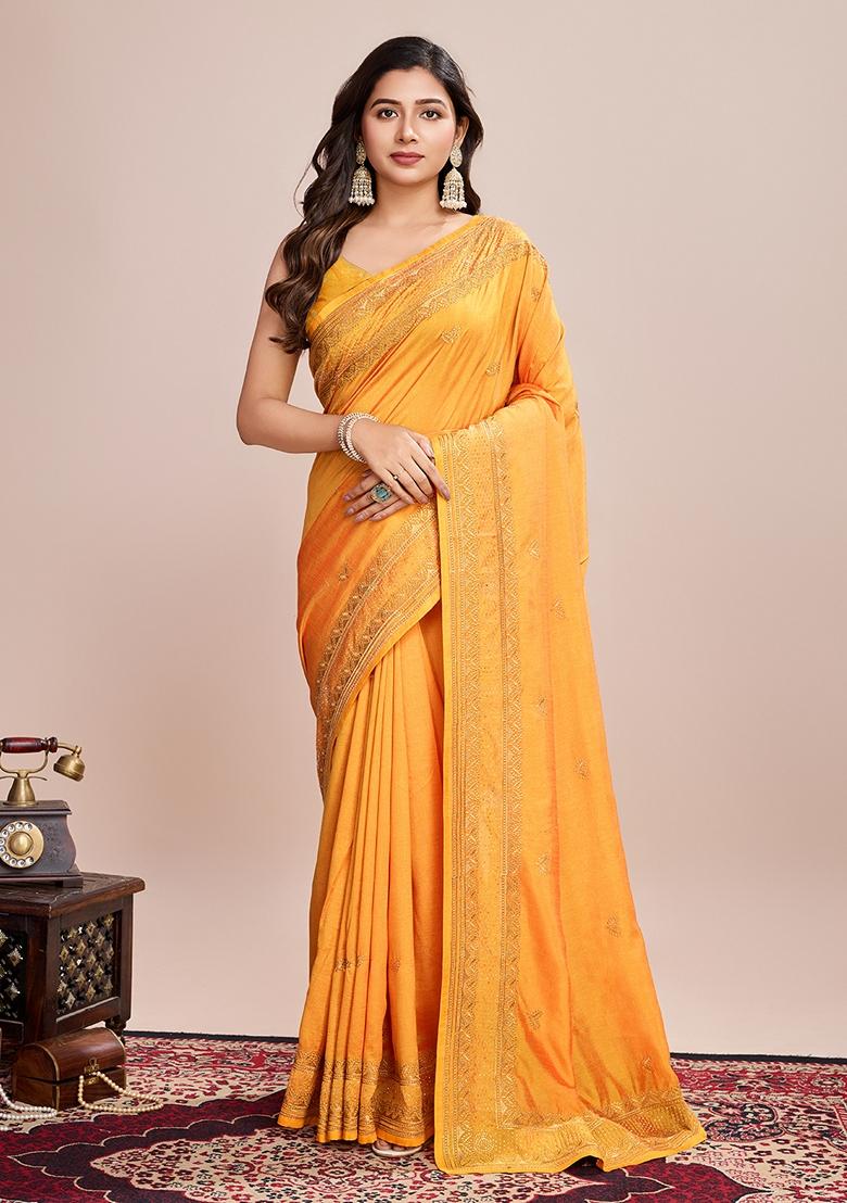 Mustard Yellow Embroidered Silk Saree Set