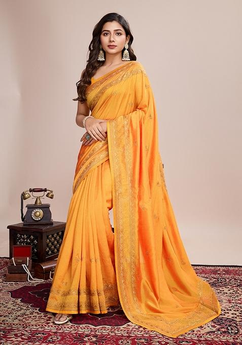Mustard Yellow Embroidered Silk Saree Set