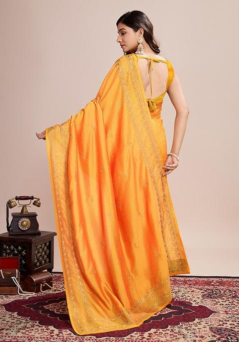 Mustard Yellow Embroidered Silk Saree Set