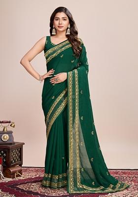 Green Embroidered Silk Saree Set