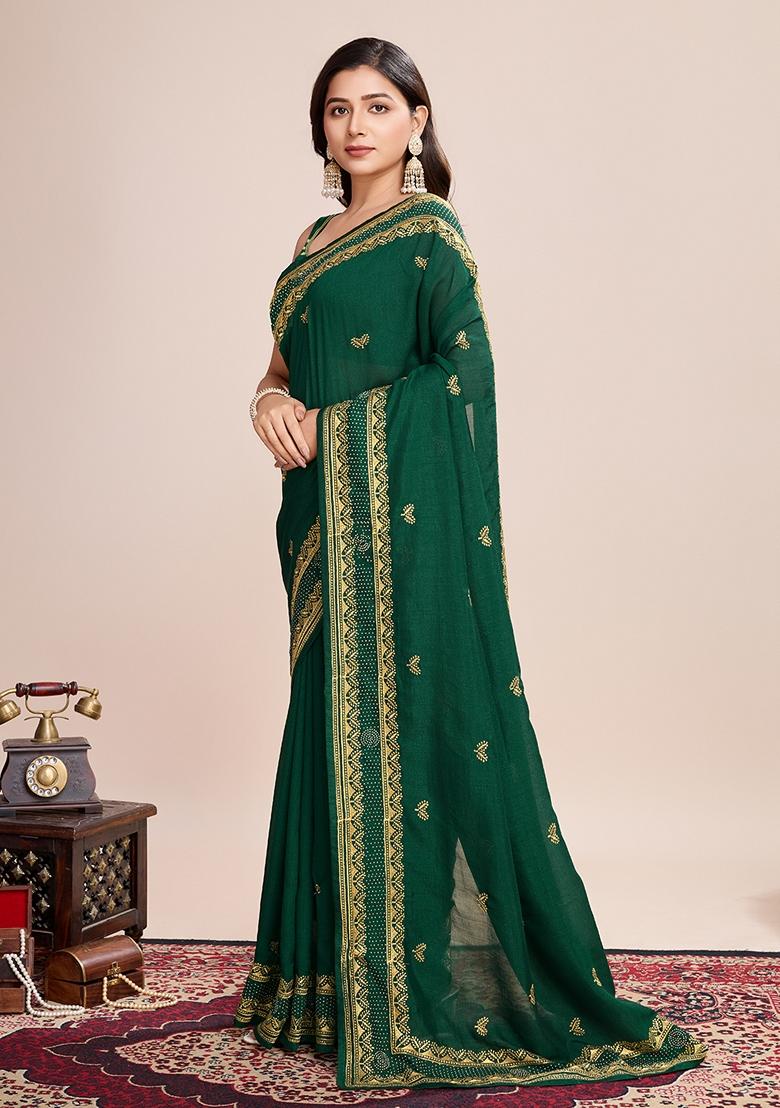 Green Embroidered Silk Saree Set