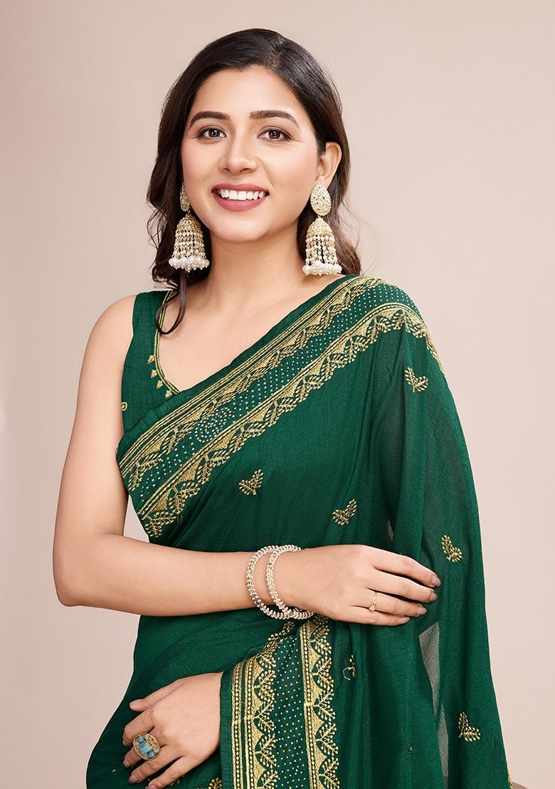Green Embroidered Silk Saree Set