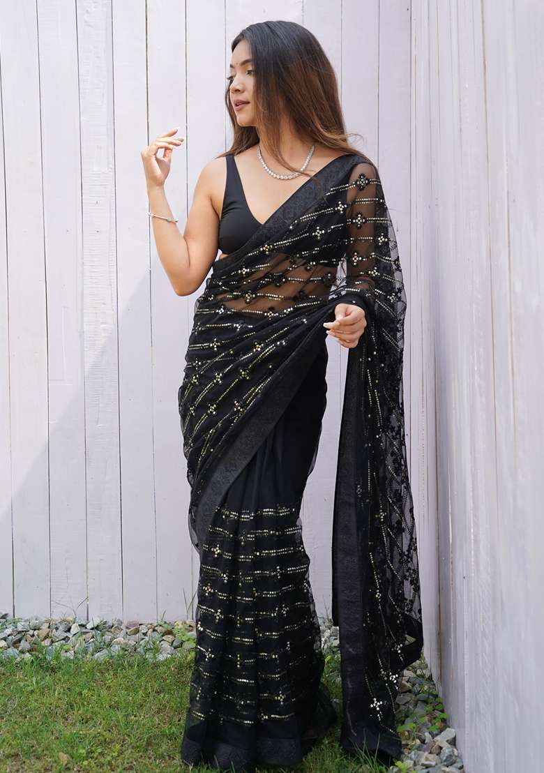 Black Embroidered Net Saree Set for Diwali and Festive Wear - Indya