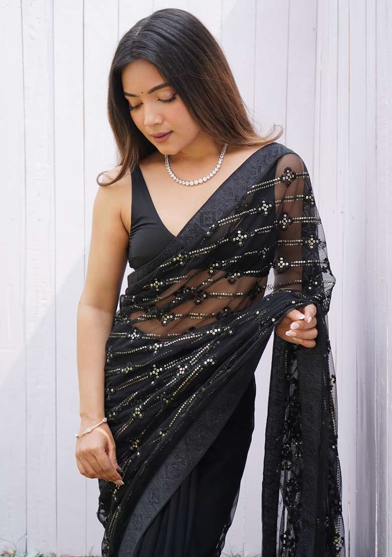 Black Embroidered Net Saree Set for Diwali and Festive Wear - Indya