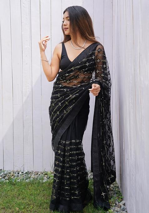 Black Embroidered Net Saree Set