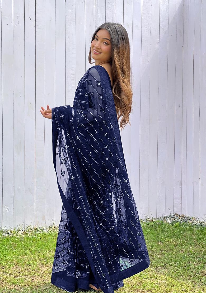Blue Embroidered Net Saree Set