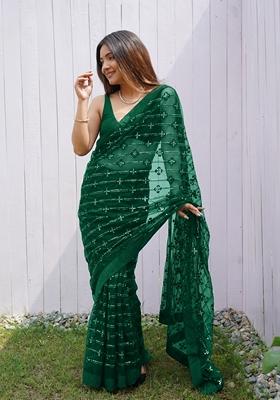 Green Embroidered Net Saree Set