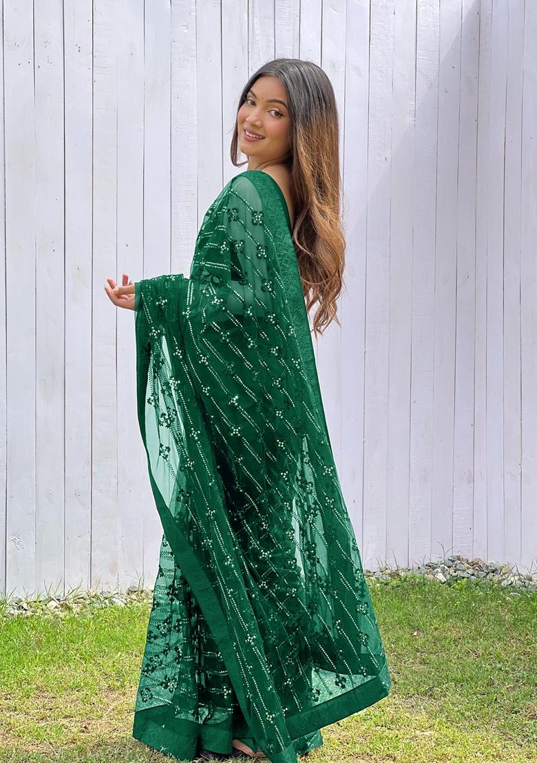 Green Embroidered Net Saree Set