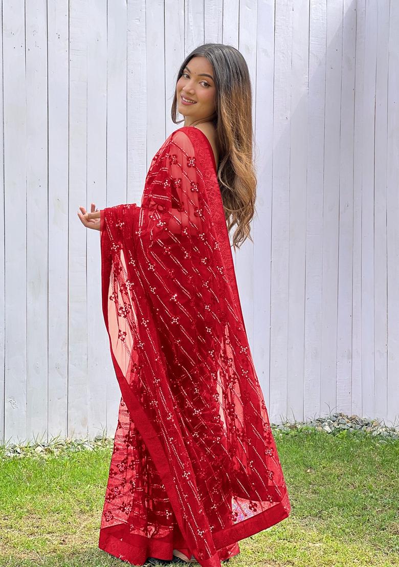 Red Embroidered Net Saree Set