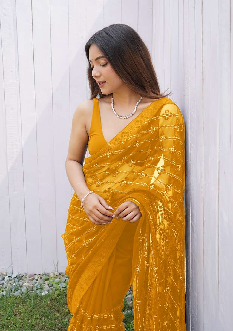 Yellow Embroidered Net Saree Set for Diwali and Festive Wear - Indya