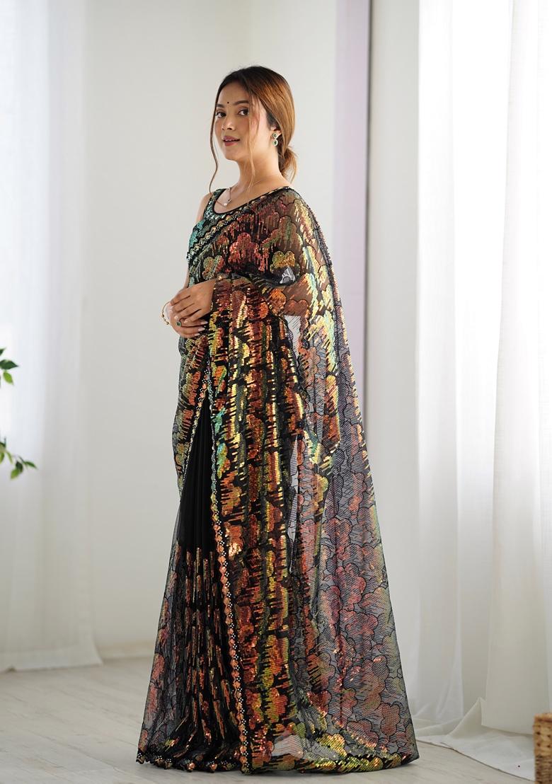 Black Embroidered Net Saree Set