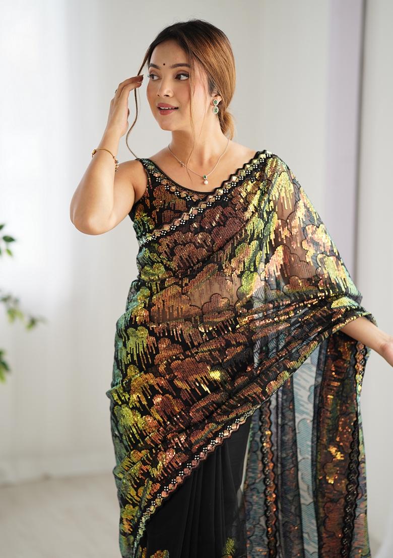 Black Embroidered Net Saree Set