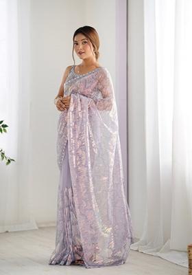 Lavender Embroidered Net Saree Set