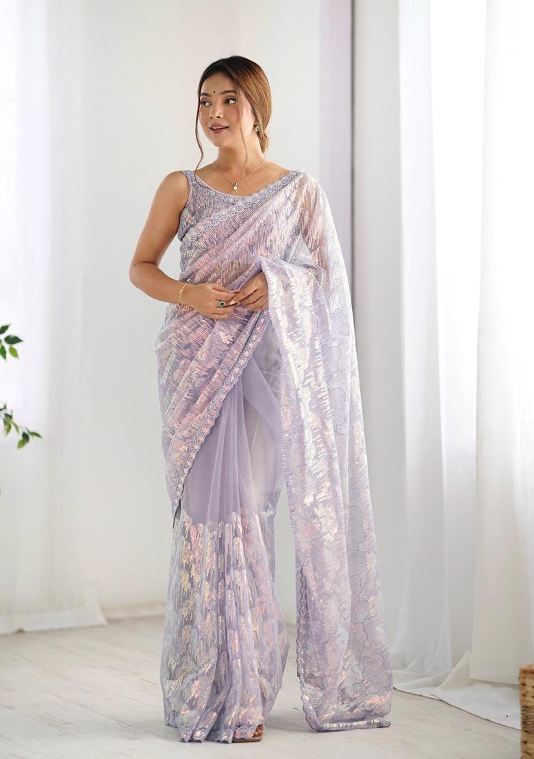 Lavender Embroidered Net Saree Set