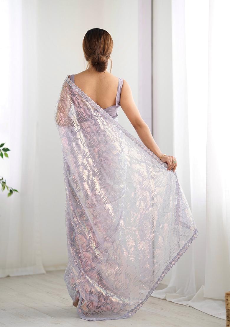 Lavender Embroidered Net Saree Set