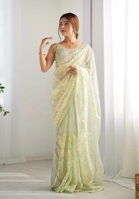 Green Embroidered Net Saree Set