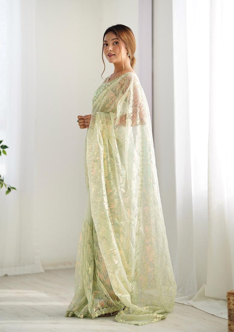 Green Embroidered Net Saree Set