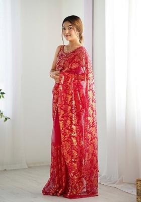 Pink Embroidered Net Saree Set