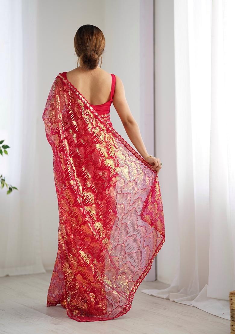 Pink Embroidered Net Saree Set