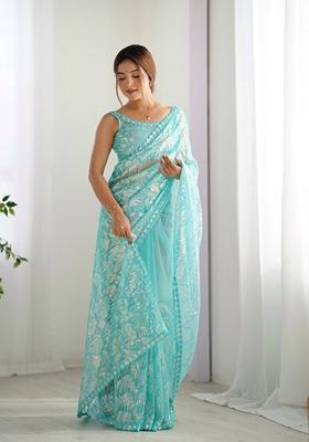 Sky Blue Embroidered Net Saree Set