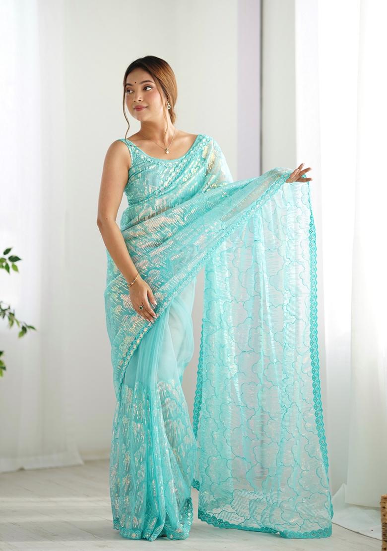 Sky Blue Embroidered Net Saree Set