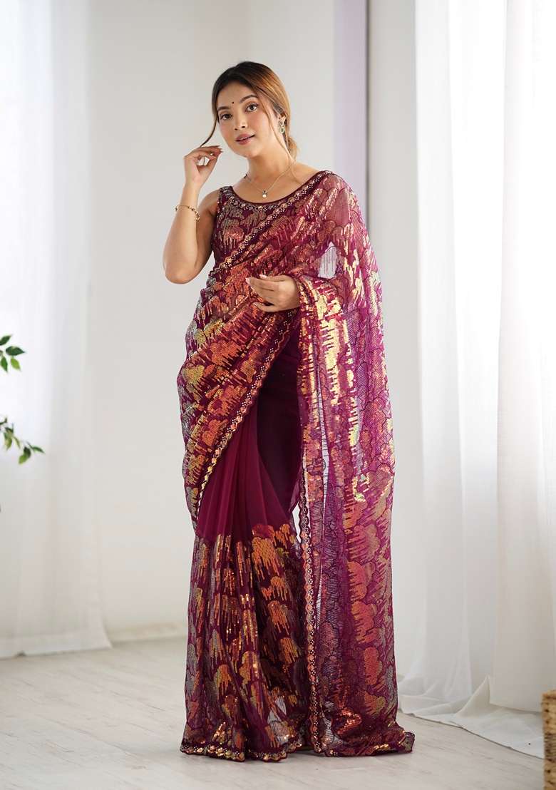 Wine Embroidered Net Saree Set - Indya