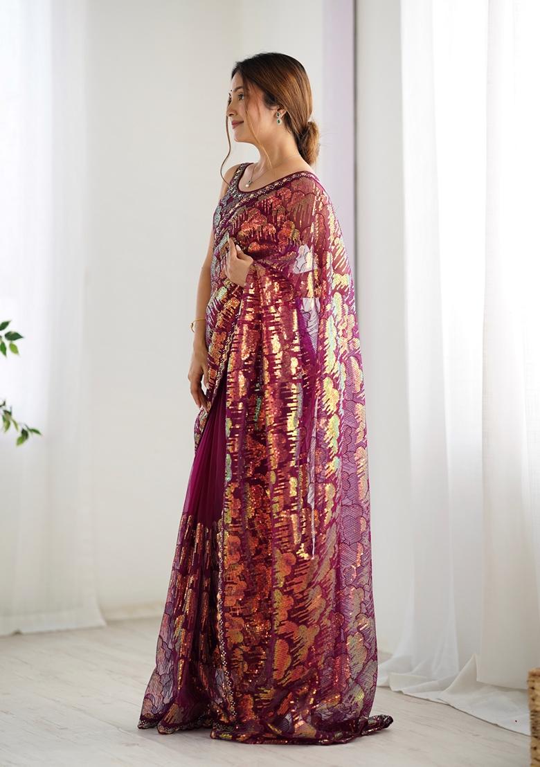 Wine Embroidered Net Saree Set