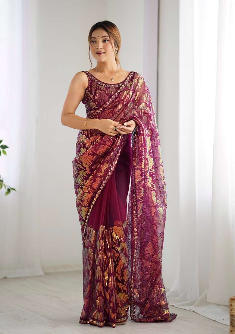 Wine Embroidered Net Saree Set - Indya