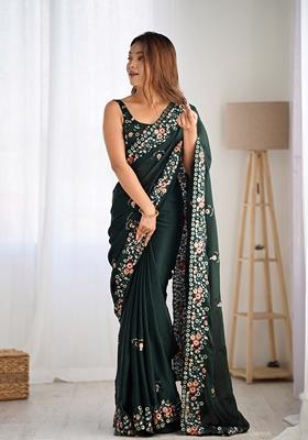 Green Embroidered chiffon Saree Set