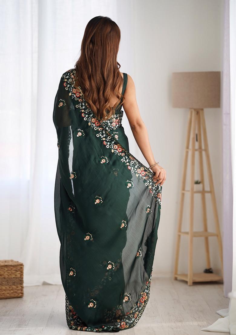 Green Embroidered chiffon Saree Set